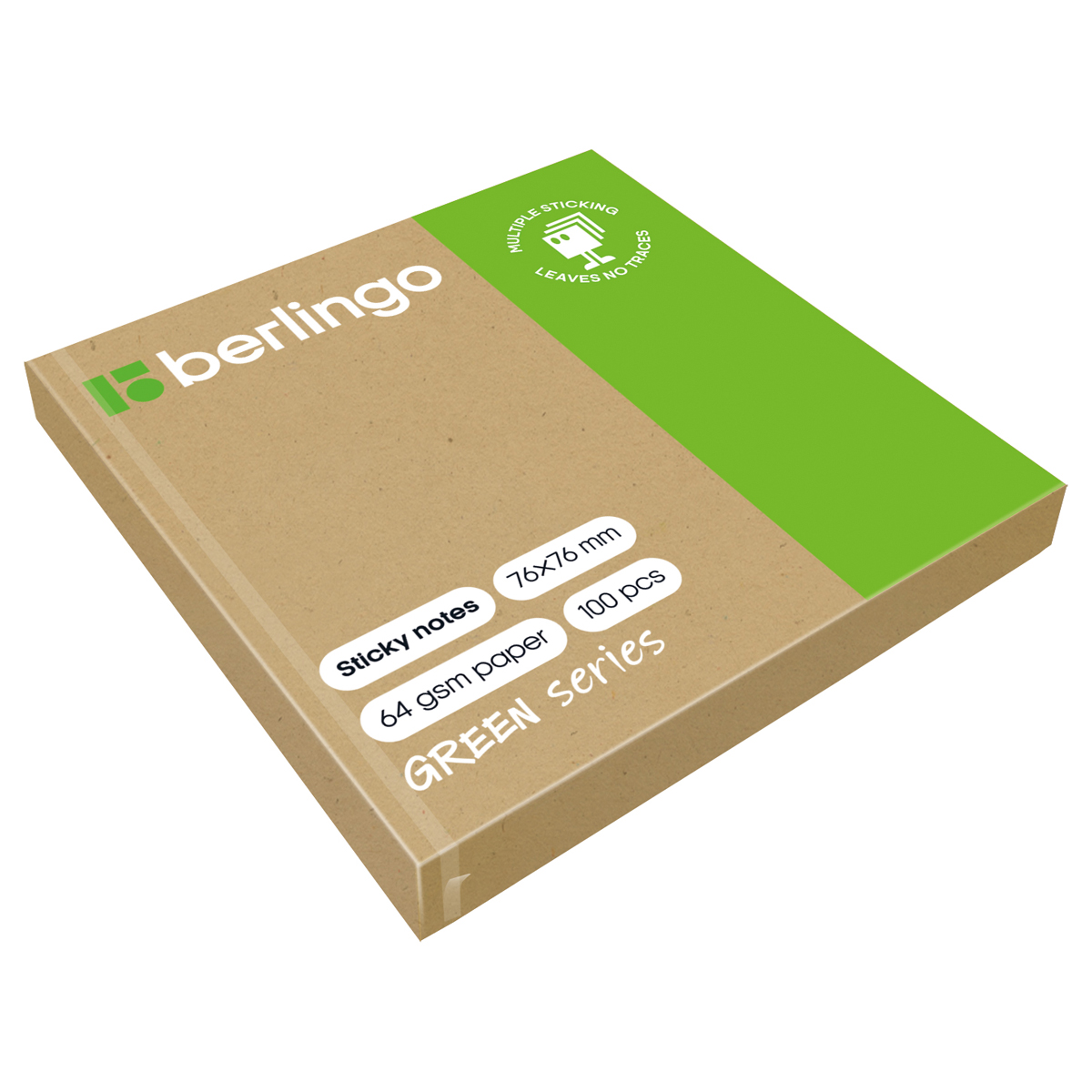 Самоклеящийся блок Berlingo "Green Series", 76*76мм, 100л., крафтовая бумага