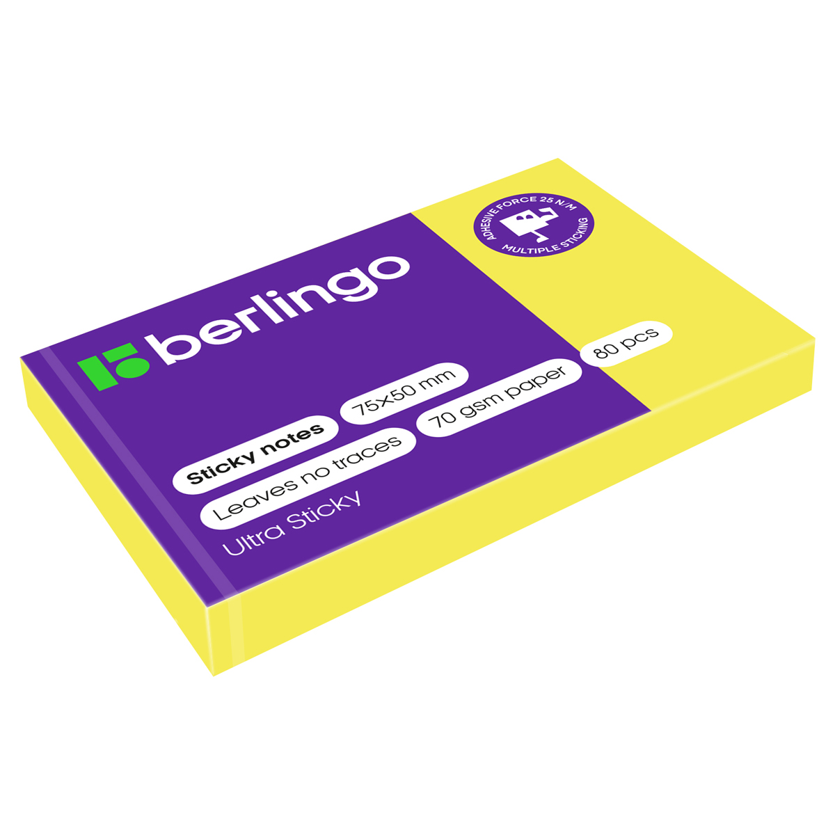 Самоклеящийся блок Berlingo "Ultra Sticky", 50*75мм, 80л., желтый неон